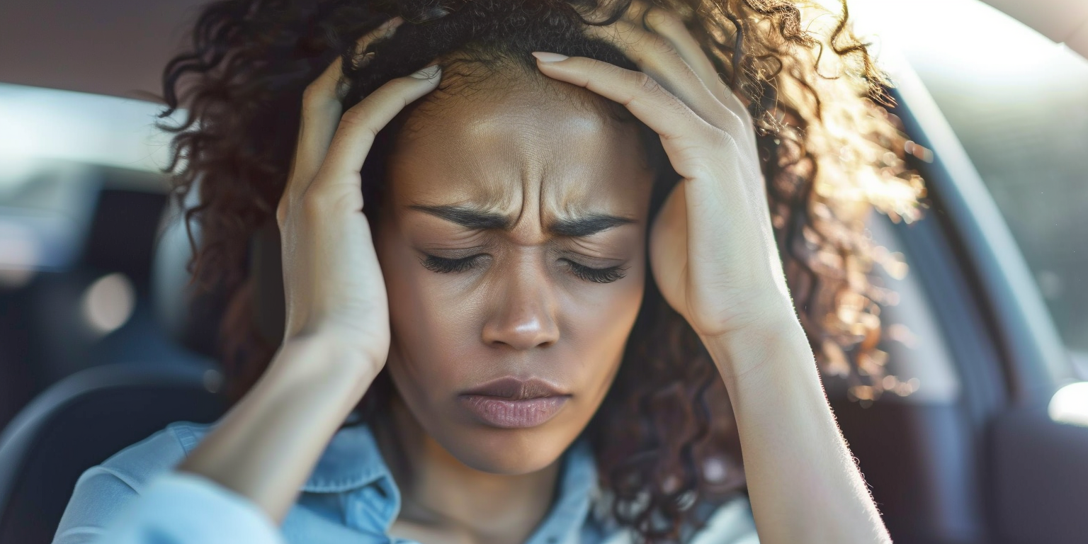 A woman holding her head, indicating discomfort or pain, highlighting the impact of head injuries or conditions needing medical attention. (motor vehicle accident injuries sign of concussion)