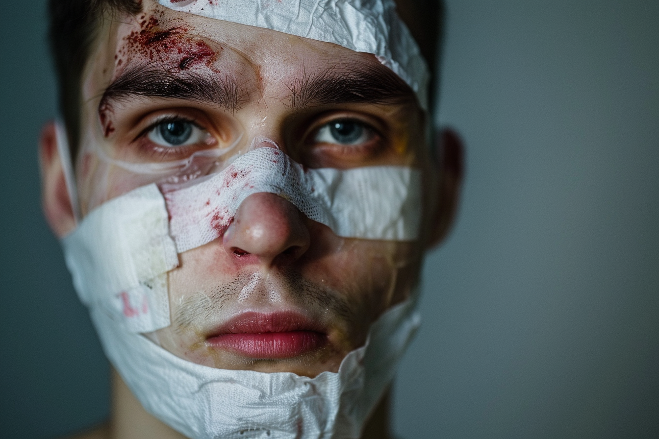An image illustrating of facial injuries, including cuts, bruises, fractures, and swelling from motor vehicle accident injuries