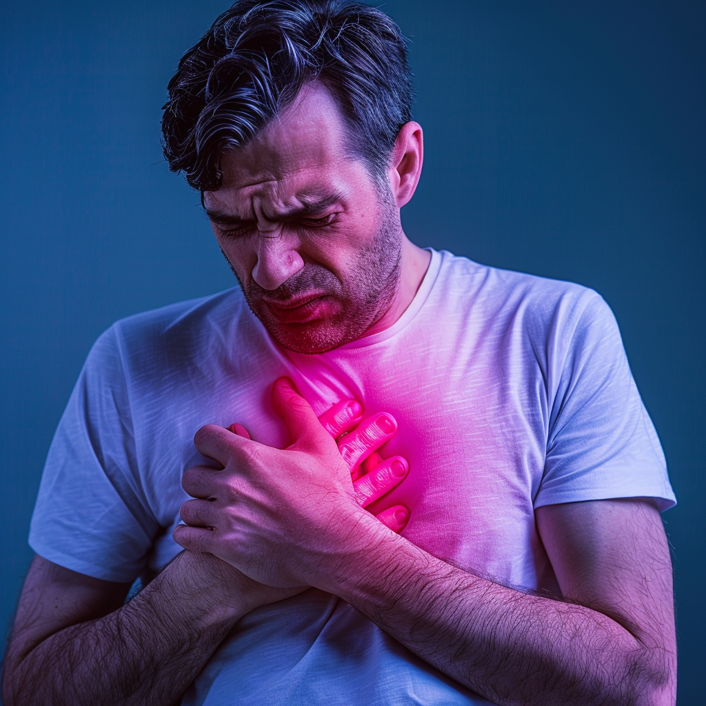 Person clutching chest in pain after car accident (heart attack awareness, emotional stress after motor vehicle accident injuries).