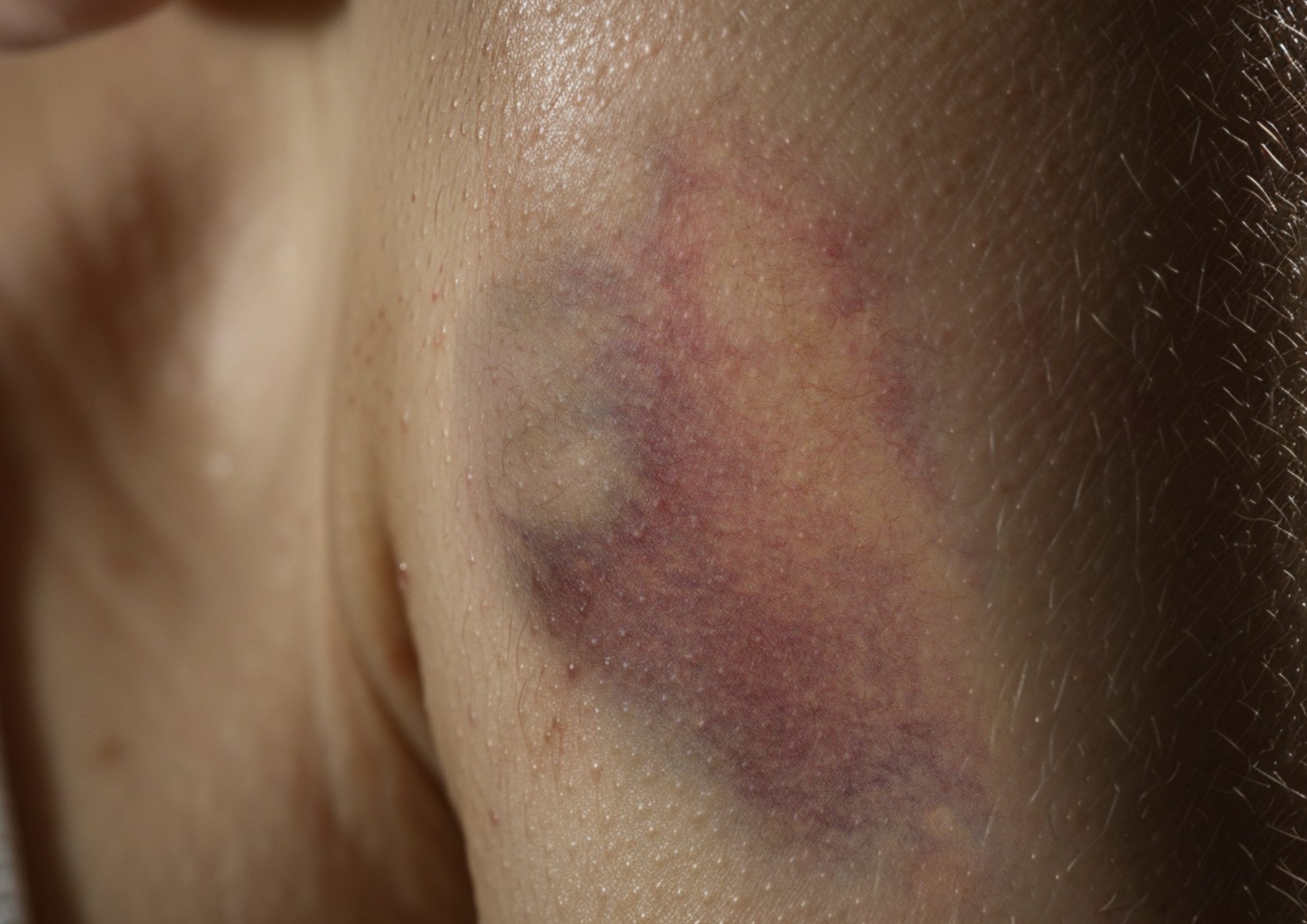 Person with visible bruising on arm or leg after motor vehicle accident injuries.