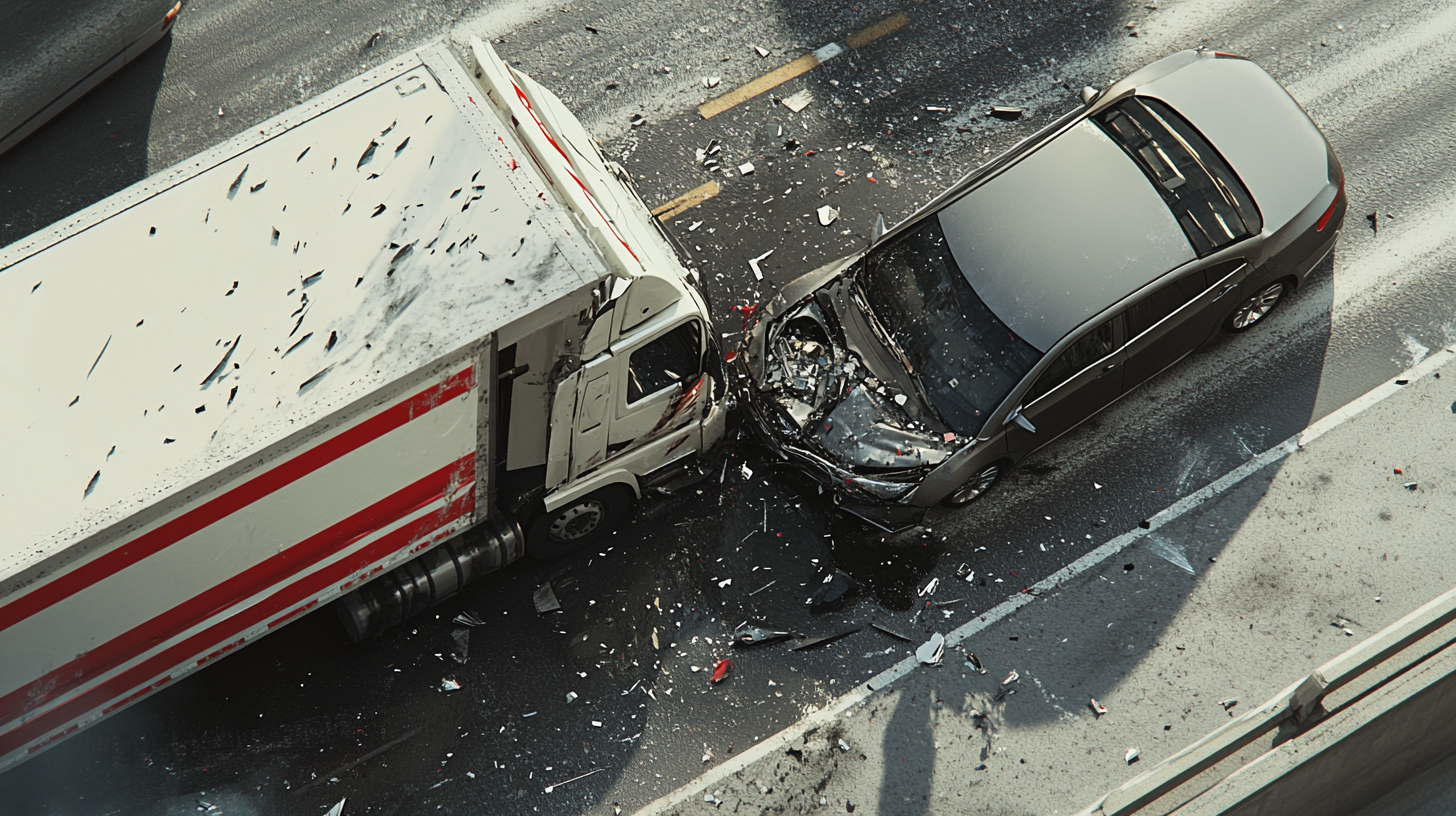 A truck and car involved in a severe collision on a highway, surrounded by scattered debris, representing the complexities of trucking accident cases.