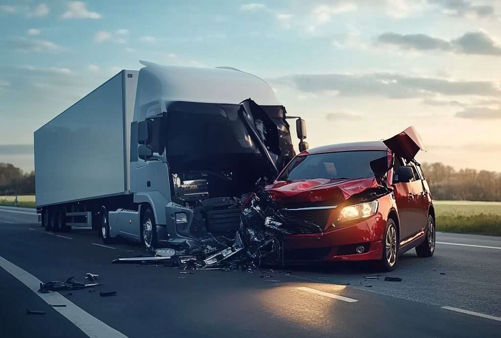 A trucking accident scene showing a damaged truck and car on a highway, symbolizing the connection between victims and attorneys specializing in such cases.
