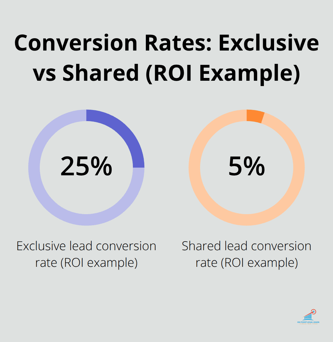 Bar chart comparing conversion rates from the ROI example: 25% for exclusive leads vs 5% for shared leads.