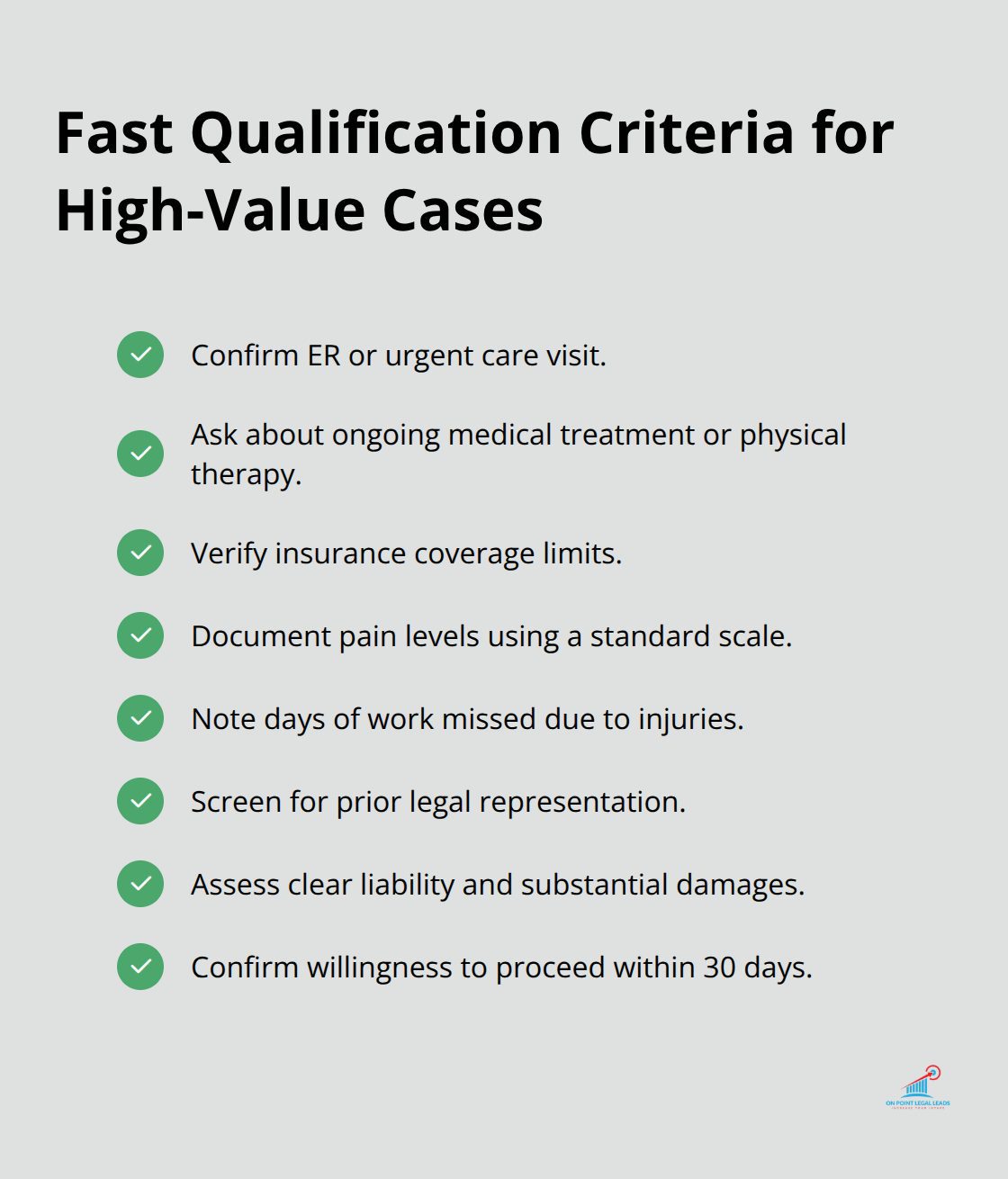 Checklist of quick qualification questions to identify valuable personal injury cases during intake. - buying personal injury leads
