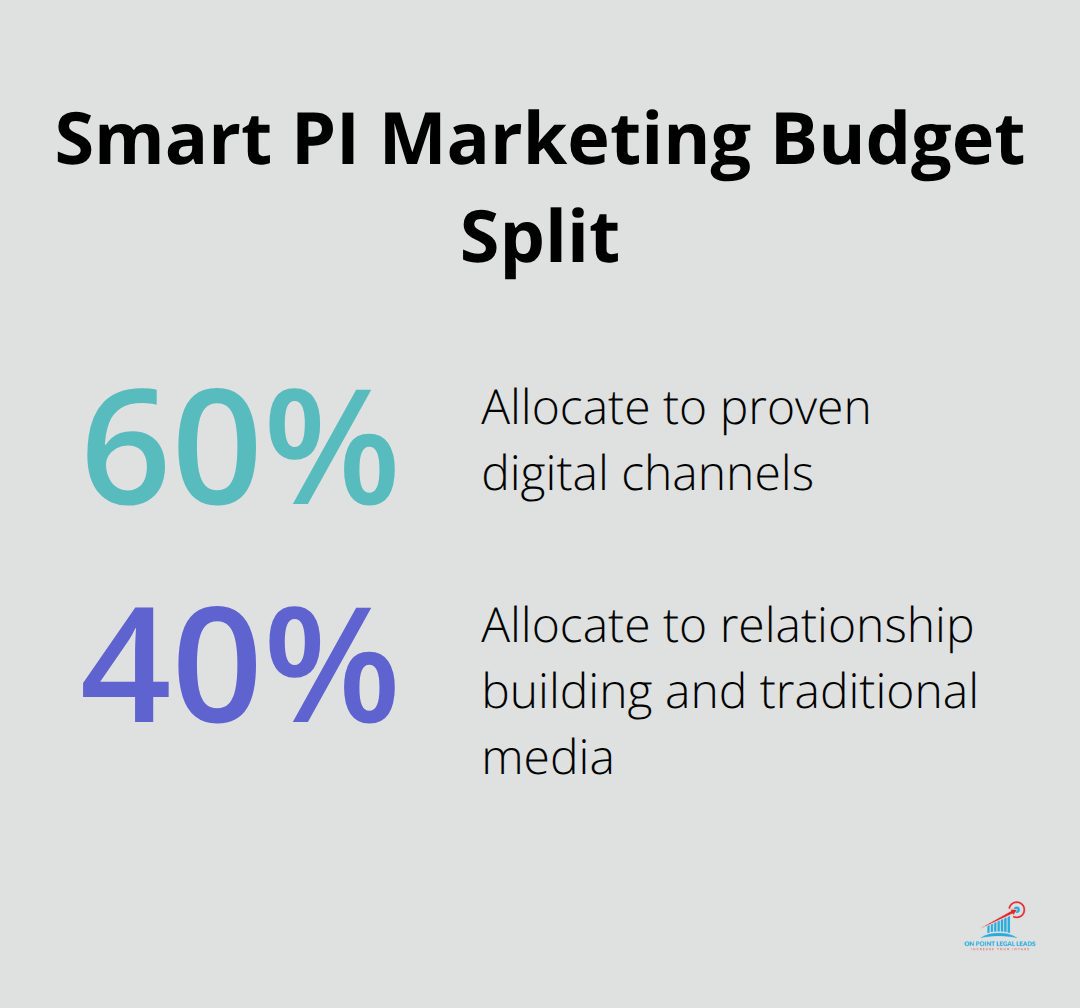 Recommended budget allocation between digital channels and relationship/traditional media for PI firms.