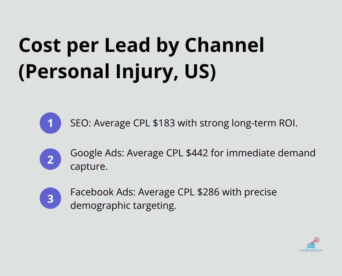 Comparison of average cost per lead by marketing channel for U.S. personal injury firms. - how to get personal injury leads