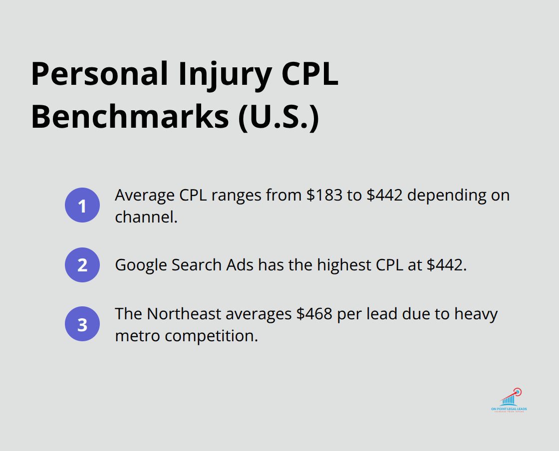 Key U.S. personal injury lead cost benchmarks by channel and region. - personal injury lawyer leads
