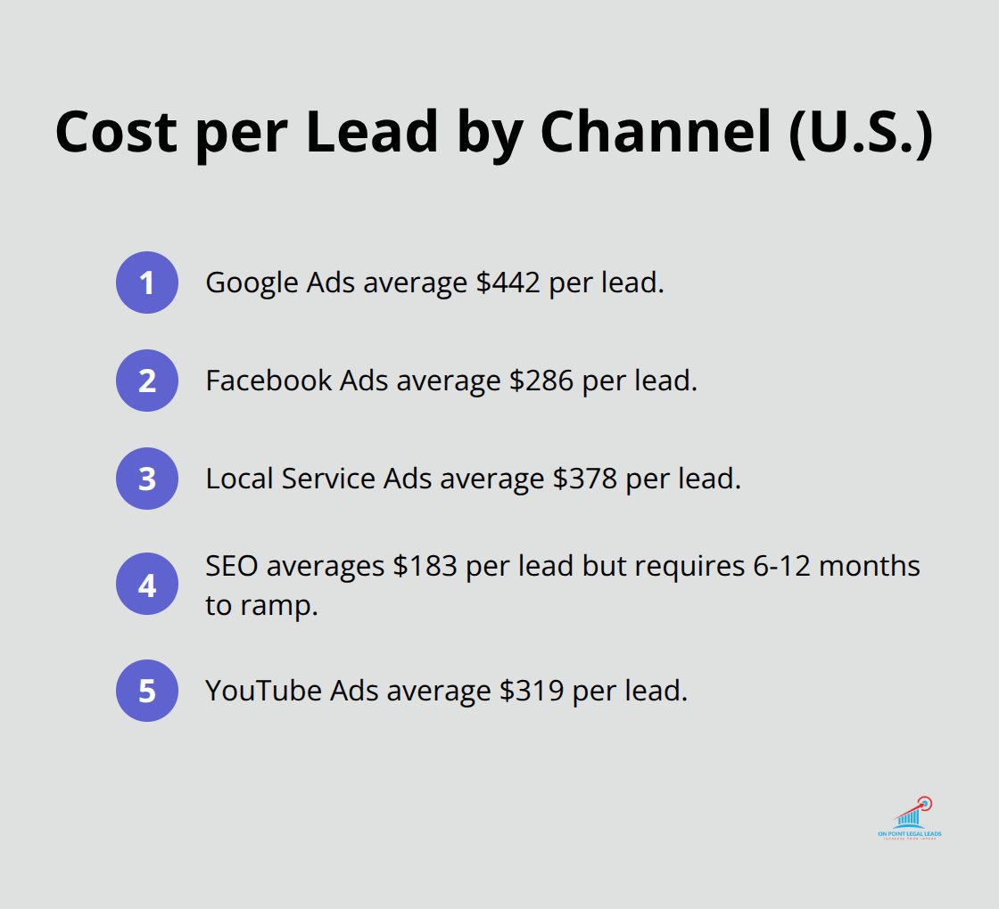 Ordered list comparing average personal injury CPL across major digital channels. - personal injury leads for sale