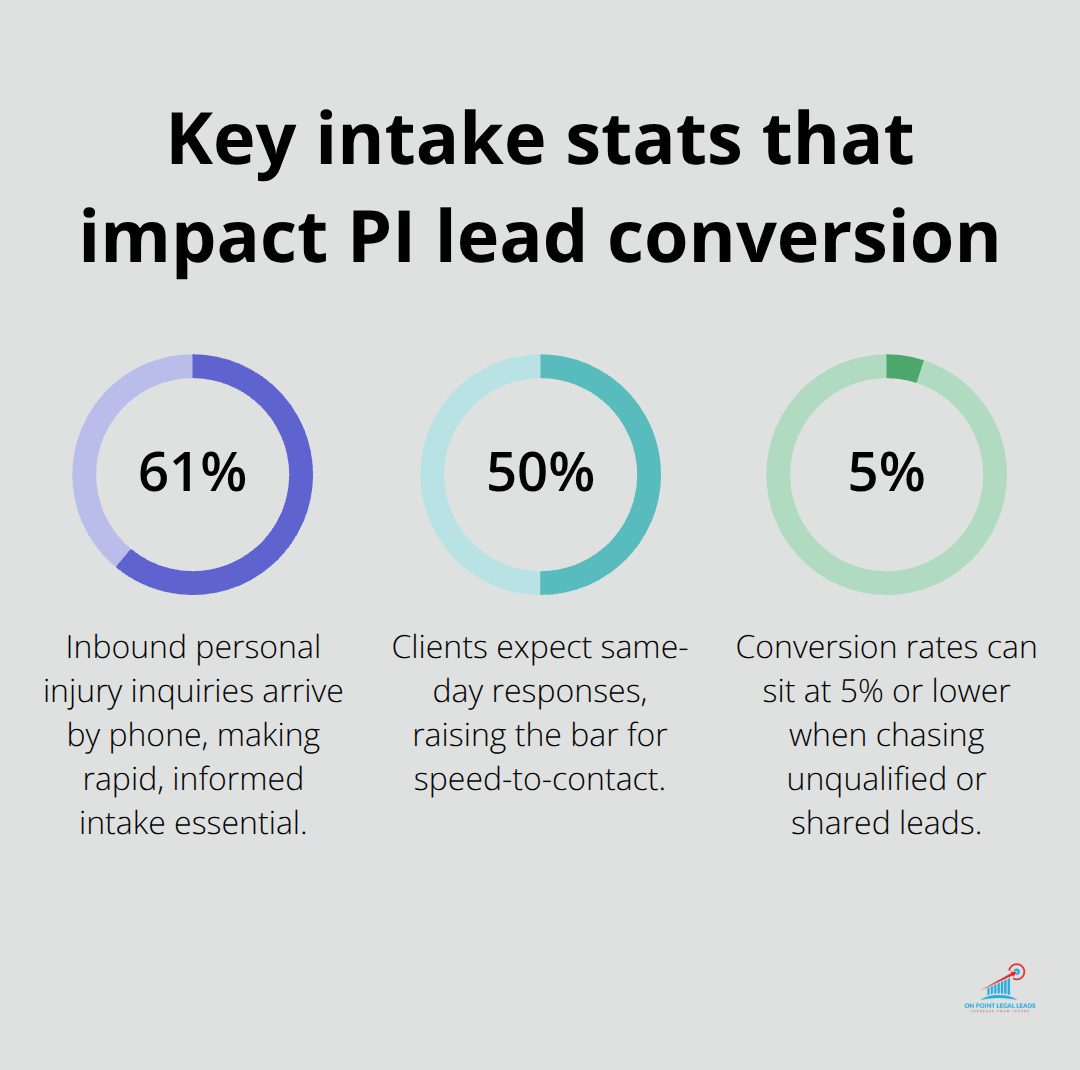 Percentages highlighting intake channel, response expectations, and low conversion rates for PI firms in the U.S.
